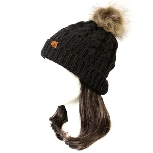 Wrapables Cable Knit Faux Fur Pom Pom Beanie